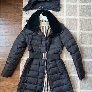 Burberry Brit,  Black Quilted Belted Puffer Coat with removable faux Fur Collar